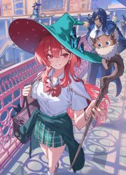  animal_ears annoyed antenna_hair architecture bag bag_charm bird_wings black_hair black_hat black_pants blue_butterfly bow bracelet breasts bridge broom broom_riding brown_bag brown_fur bug building butterfly butterfly_on_hat cape capelet cat_ears charm_(object) city clothes_around_waist collared_shirt commentary_request cover cover_page creature dark-skinned_female dark_skin dot_nose double-parted_bangs earrings familiar fangs fingernails fluffy from_above full_body furrowed_brow gingham_clothes gingham_skirt glaring green_hat green_skirt green_sweater grey_eyes hair_behind_ear hair_between_eyes hat highres holding holding_staff hood hooded_cape hooded_robe jewelry lamppost large_hat long_bangs long_fingernails long_hair long_hair_between_eyes long_sleeves looking_at_another looking_to_the_side loosely_tucked_bangs mage_staff medium_hair mogumo multicolored_hat multiple_bracelets multiple_girls nail_polish narrowed_eyes necktie official_art open_mouth original outdoors pants pedestrian_bridge people pleated_skirt railing red_bow red_eyes red_hair red_nails road robe school_bag school_uniform shadow sharp_teeth shirt short_eyebrows skirt skull_earrings small_breasts smile socks solo sparkle_print staff stairs suit_pants sweater sweater_around_waist swept_bangs teeth textless_cover_page textless_version v-shaped_eyebrows walking white_capelet white_fur white_shirt white_socks wings witch witch_hat wooden_staff yellow_eyes 