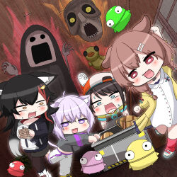  4girls adversarial_noise animal_ear_fluff animal_ears backwards_hat black_hair black_hoodie blue_eyes blush bone_hair_ornament brown_hair cat_ears cat_girl cat_tail commentary_request dog_ears dog_girl dress hair_ornament hairpin hat highres hiro_(phese) hololive hood hoodie inugami_korone inugami_korone_(1st_costume) jacket multicolored_hair multiple_girls nekomata_okayu nekomata_okayu_(1st_costume) ookami_mio ookami_mio_(hoodie) oozora_subaru oozora_subaru_(1st_costume) open_mouth purple_hair r.e.p.o. red_hat red_streaks semibot smok_(hololive) streaked_hair tail two-tone_hoodie violet_eyes virtual_youtuber white_dress white_hoodie wolf_ears wolf_girl yellow_jacket 