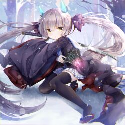  1girl bare_tree black_robe black_thighhighs blunt_bangs blunt_ends closed_mouth comiket_101 commentary_request day dual_wielding eyes_visible_through_hair fake_horns fighting_stance floating_hair full_body grey_hair gun hair_between_eyes hair_ribbon heaven_burns_red hime_cut holding holding_gun holding_sword holding_weapon horns katana long_hair long_sleeves looking_at_viewer miniskirt ogasahara_hisame open_clothes open_robe outdoors pleated_skirt purple_ribbon red_ribbon ribbon robe sandals sasakura_towa shirt sidelocks skirt smile snow snowing solo split_mouth standing sword thigh-highs tiptoes tree twintails v-shaped_eyebrows very_long_hair weapon white_shirt white_skirt wide_sleeves winter yellow_eyes zettai_ryouiki zouri 