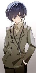  1boy black_pants blue_hair brown_coat buttons closed_mouth coat commentary_request double-breasted double-parted_bangs earphones gradient_background grey_coat hand_in_pocket hands_in_pockets headphones highres layered_sleeves long_sleeves male_focus nodoka906 official_alternate_costume pants persona persona_3 solo standing sweater turtleneck turtleneck_sweater twitter_username white_sweater yuuki_makoto_(persona_3) 