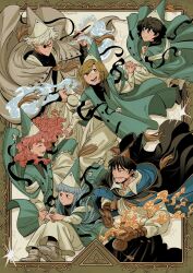  2boys 4girls agott_arklaum_(tongari_boushi_no_atelier) beard black_hair blue_eyes blue_hair brown_gloves closed_eyes coco_(tongari_boushi_no_atelier) facial_hair glasses gloves green_eyes grey_hair hat hat_tassel highres kejiyaa21 long_hair magic multiple_boys multiple_girls olruggio_(tongari_boushi_no_atelier) one_eye_closed pen pink_hair qifrey's_atelier_apprentice_uniform qifrey_(tongari_boushi_no_atelier) richeh_(tongari_boushi_no_atelier) short_hair tassel tetia_(tongari_boushi_no_atelier) tongari_boushi_no_atelier violet_eyes white_hair 