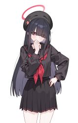  absurdres beret black_hat black_sailor_collar black_serafuku blue_archive commentary_request covered_eyes hair_over_eyes halo hat highres justice_task_force_(blue_archive) justice_task_force_member_(blue_archive) neckerchief red_halo red_neckerchief sailor_collar school_uniform serafuku trinity_student_(blue_archive) xingyun_fankic 