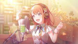  1girl :d black_ribbon blurry bokeh braid braided_bangs breasts buttons collared_shirt colorful_palette depth_of_field dot_nose double-breasted english_text fingernails game_cg grey_eyes hanasato_minori hands_up happy happy_birthday headphones highres idol_clothes index_finger_raised indoors light_blush light_particles looking_afar medium_breasts medium_hair microphone musical_staff official_art open_mouth orange_hair orange_theme orange_trim pleated_sleeves project_sekai ribbon shirt short_sleeves sidelighting sidelocks smile solo standing studio_microphone third-party_source tongue triangle upper_body white_shirt wrist_cuffs 