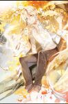  1boy akiha_(saibai_shounen) animal_ears blonde_hair braid closed_mouth fox fox_boy fox_ears fox_tail long_hair looking_at_viewer male_focus nishi_(ainshaie) official_art pants saibai_shounen second-party_source sitting smile solo tail white_background yellow_eyes 