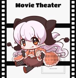  1girl :p animal_ear_headwear animal_ears beanie belt black_boots boots bow brown_belt brown_bow brown_choker brown_hat brown_pupils brown_skirt bubble_skirt buttons cat_ears chibi choker cloak closed_mouth commentary_request earflap_beanie eating english_text fake_animal_ears film_strip food frilled_skirt frills fur-trimmed_cloak fur_trim hair_between_eyes hair_through_headwear happy hat holding holding_food leon0510 light_blush long_hair looking_at_viewer magical_girl mahou_shoujo_madoka_magica mahou_shoujo_madoka_magica:_hangyaku_no_monogatari midriff miniskirt momoe_nagisa navel orange_cloak orange_eyes polka_dot_boots pom_pom_(clothes) popcorn sitting skirt smile solo suspender_skirt suspenders tareme thigh_boots tongue tongue_out twitter_username two_side_up very_long_hair waist_bow watermark wavy_hair white_background white_hair 