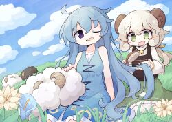  2girls absurdres artist_request asameshi bell blue_hair closed_eye dress fantasy_maiden_wars field flower flower_field gensou_shoujo_taisen green_skirt horns jingle_bell long_hair meeko_(gensou_shoujo_taisen) meeko_(touhou) multiple_girls muwatari_makura neck_bell sheep sheep_horns skirt sky touhou tree white_hair 