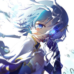  1girl absurdres bandaged_head bandages blue_collar blue_eyes blue_gloves blue_hair blue_shirt cape chinese_commentary collar collared_cape commentary_request crying crying_with_eyes_open detached_collar diamond_print elbow_gloves english_commentary floating_hair fortissimo frilled_shirt frills gloves glowing glowing_eye hair_ornament hairclip hand_on_own_cheek hand_on_own_face high_collar highres magical_girl mahou_shoujo_madoka_magica mahou_shoujo_madoka_magica:_walpurgis_no_kaiten miki_sayaka mixed-language_commentary musical_note musical_note_hair_ornament parted_lips print_shirt sad sad_smile scales shenhai_hebaodan shirt short_hair solo strapless strapless_shirt streaming_tears teardrop tears transformation upper_body water_drop white_background white_cape 