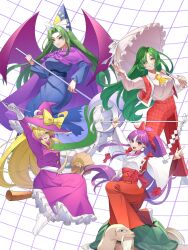  4girls ascot blonde_hair blue_dress bow broom broom_riding cape commentary_request crescent crescent_hat_ornament dress genjii_(touhou) gloves gohei green_hair grid_background guumin hair_bow hakama hakurei_reimu hakurei_reimu_(pc-98) hat hat_ornament high_ponytail highres holding holding_gohei holding_umbrella japanese_clothes kazami_yuuka kazami_yuuka_(pc-98) kimono kirisame_marisa kirisame_marisa_(pc-98) long_hair looking_at_viewer miko mima_(touhou) multiple_girls open_mouth pants ponytail purple_cape purple_dress purple_hair purple_hat red_bow red_hakama red_pants red_vest sash shirt sidelocks touhou touhou_(pc-98) umbrella vest white_gloves white_kimono white_sash white_shirt witch witch_hat yellow_ascot 