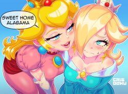  2girls :d absurdres artist_name bare_shoulders blonde_hair blue_background blue_dress blue_eyes blush breasts brooch collarbone commentary crisdeku1 crown dress earrings elbow_gloves english_commentary english_text eyelashes gloves hair_over_one_eye half-closed_eyes highres implied_incest jewelry large_breasts long_hair long_sleeves looking_at_viewer multiple_girls nervous nervous_sweating off-shoulder_dress off_shoulder pink_dress princess_peach puffy_short_sleeves puffy_sleeves rosalina short_sleeves siblings sisters smile speech_bubble star_(symbol) star_brooch star_earrings super_mario_bros. sweat sweet_home_alabama teeth the_super_mario_galaxy_movie white_gloves yuri 