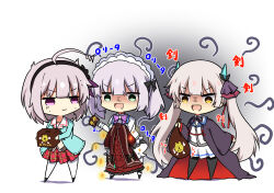  3girls :3 :d ahoge aqua_cardigan aura black_bow black_flower black_hairband black_ribbon black_robe black_thighhighs blunt_bangs blunt_ends bow box bright_pupils cardigan chibi chibi_only chocolate chocolate_coin closed_mouth collared_shirt commentary_request dark_aura dress drooling expressive_hair eyes_visible_through_hair flower food full_body green_eyes grey_hair hair_between_eyes hair_flower hair_ornament hair_ribbon hairband heaven_burns_red highres hime_cut holding holding_box holding_chocolate holding_food holding_sack holding_unworn_clothes holding_unworn_dress jitome lolita_fashion lolita_hairband long_hair long_sleeves looking_at_another medium_hair minase_sumomo minase_sumomo_(precious_smile) miniskirt mouth_drool multiple_girls nervous_sweating ogasahara_hisame open_clothes open_mouth open_robe pantyhose plaid_clothes plaid_skirt pleated_skirt purple_ribbon red_dress red_ribbon red_skirt ribbon robe sack sailor_collar sekibaracheice shaded_face shirt sidelocks simple_background skirt smile sparkle standing sugawara_chie sweat sweatdrop thigh-highs translation_request twintails unworn_dress v-shaped_eyebrows very_long_hair violet_eyes white_background white_pantyhose white_pupils white_sailor_collar white_shirt white_skirt yellow_eyes 