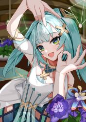  1girl aqua_hair aqua_nails blush bracelet breasts clothing_cutout collarbone commentary_request dress eco_mak1 faruzan_(genshin_impact) flower genshin_impact green_eyes hair_ornament highres jewelry long_hair looking_at_viewer nail_polish open_mouth purple_flower short_sleeves shoulder_cutout small_breasts smile solo symbol-shaped_pupils triangle-shaped_pupils twintails white_dress x_hair_ornament 