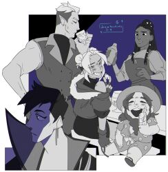  1other 2boys 2girls alcohol aquiline_nose bar_(place) blush dark-skinned_female dark_skin drawfee drawtectives dreadlocks drunk dwarf earrings eugene_finch eyeliner glass grendan_highforge grin gyorik_rogdul highres jewelry karina_farek makeup multiple_boys multiple_girls nose official_artist_extra on_stool orc pointy_ears rose_(drawtectives) scar septum_piercing sitting sketch smile stool table 