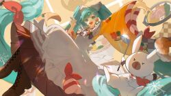  >_< 1girl :3 :d absurdres apron aqua_hair arm_up badge bell_pepper blush boots bow brown_boots brown_bow brown_hakama button_badge carrot carrot_slice checkered_clothes chef_hat commentary_request dot_nose earrings floating_clothes food food-themed_earrings fork_hair_ornament frilled_apron frills green_bell_pepper green_eyes grid_background hair_bow hair_ornament hair_ribbon hakama hakama_skirt hand_up hardboiled_egg hat hatsune_miku highres holding holding_ladle holding_spoon japanese_clothes jewelry kimono knees_up lace-up_boots ladle long_hair long_skirt long_sleeves looking_at_viewer lotus_root low-tied_long_hair noodles open_mouth rabbit rabbit_yukine ramen red_ribbon ribbon shirt sizzler_plate skirt smile snowflake_print spoon spoon_hair_ornament squash swept_bangs teeth twintails upper_teeth_only very_long_hair vocaloid white_apron white_bow white_shirt wide_sleeves yellow_kimono yuki_miku yuki_miku_(2024) yukihira_makoto 