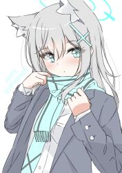  1girl absurdres animal_ear_fluff animal_ears black_jacket blue_archive blue_halo blue_necktie blue_scarf blush closed_mouth commentary_request cross_hair_ornament extra_ears eyelashes eyes_visible_through_hair fringe_trim grey_hair hair_between_eyes hair_ornament halo hands_up happy_birthday highres jacket kaorun_(momiji_hourensou) light_frown long_sleeves mismatched_pupils necktie open_clothes open_jacket scarf school_uniform shiroko_(blue_archive) shirt simple_background solo upper_body white_background white_shirt wolf_ears wolf_girl 