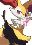  1girl animal_ear_fluff animal_ears animal_nose artist_name black_fur blush body_fur braixen closed_mouth commentary_request cowboy_shot flat_chest fox_ears fox_girl fox_tail fur_collar furry furry_female hands_up happy heart heart_hands highres looking_at_viewer multicolored_fur nako_(nekono_shippo75) own_hands_together pokemon pokemon_(creature) red_eyes signature simple_background smile solo split_mouth standing stick tail twitter_username white_background white_fur yellow_fur 