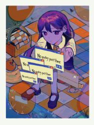  1girl absurdres apple banana blue_vest border candy cursor english_text food from_above frown fruit full_body grass hair_behind_ear highres knees_up long_hair mari_(headspace)_(omori) mari_(omori) mary_janes microsoft_windows milkymilkyshark no_entry_sign official_style omori orange_skirt outdoors picnic picnic_basket picnic_blanket purple_hair purple_shoes purple_sweater_vest reaching red_pupils road_sign shirt shoes short_sleeves sign sitting skirt solo surreal sweater_vest vest violet_eyes white_border white_shirt window_(computing) windows_95 windows_classic 