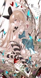  1girl alice's_adventures_in_wonderland alice_(alice_in_wonderland) blonde_hair blue_eyes book bow bug butterfly diamond_(shape) earrings english_text flower green_eyes hair_bow heart highres jewelry majamari revision solo spade_(shape) striped_clothes striped_thighhighs thigh-highs 