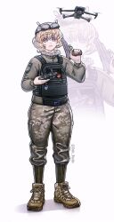  1girl 35th_marine_brigade absurdres blonde_hair body_armor callsign camouflage camouflage_pants character_patch commentary commission commissioner_upload controller digital_camouflage english_commentary flag_patch fluffy_hair full_body fur-trimmed_collar fur_trim gun handgun head-mounted_display highres holding holding_controller holding_gun holding_weapon kenneth_del_duca krole_nyatko military morale_patch original pants quadcopter ribbed_socks russo-ukrainian_war shoes smile sneakers socks solo stechkin_aps tanya_degurechaff tanya_degurechaff_(sleepwalker) tryzub twitter_username ukrainian_flag ukrainian_marine_corps violet_eyes weapon youjo_senki 