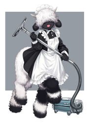  1girl animal_ears apron black_fur centauroid collared_dress commentary dress english_commentary frilled_apron frills hair_over_eyes highres horns long_sleeves maid maid_headdress monster_girl original rem_(tsulala) sheep_ears sheep_girl sleeve_cuffs solo taur tongue tongue_out vacuum_cleaner white_fur white_hair 