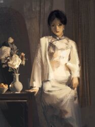  1girl anirrie art_study black_hair china_dress chinese_clothes commentary dress earrings english_commentary flower highres jewelry long_sleeves original red_lips solo table vase white_dress 