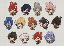  6+boys :3 :t ? alternate_animal_ears animal_ears aragami_oga aragami_oga_(1st_costume) arurandeisu arurandeisu_(old_design) astel_leda astel_leda_(1st_costume) black_hair blonde_hair blonde_streaks blue_bow blue_eyes blue_hair bow carrot chibi chibi_only closed_eyes demon_horns eating everyone eyepatch flower food food_in_mouth glasses green_eyes grey_background grey_hair grid_background hair_bow hair_flower hair_ornament hairclip hanasaki_miyabi hanasaki_miyabi_(1st_costume) heterochromia highres hitodama hizaki_gamma hizaki_gamma_(1st_costume) holding holding_carrot holding_food holding_sword holding_weapon holostars horns kageyama_shien kageyama_shien_(1st_costume) kanade_izuru kanade_izuru_(1st_costume) kemonomimi_mode kishido_temma kishido_temma_(1st_costume) male_focus minase_rio minase_rio_(1st_costume) mole mole_under_eye monorinnn multicolored_hair multiple_boys one_eye_closed orange_eyes orange_hair pacifier paw_shoes pawpads pink_hair pout purple_hair rabbit_boy rabbit_ears rabbit_paws rabbit_tail red_hair rikka_(1st_costume)_(holostars) rikka_(holostars) single_horn streaked_hair sword tail utsugi_uyu utsugi_uyu_(1st_costume) violet_eyes virtual_youtuber weapon white_eyes white_hair white_streaks yatogami_fuma yatogami_fuma_(1st_costume) yellow_eyes yukoku_roberu yukoku_roberu_(1st_costume) 