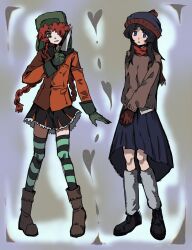  2girls beanie black_hair black_shoes black_skirt blue_eyes blue_hat blue_skirt boots braid brown_boots brown_sweater chidori_(penguin_matsuno) commentary_request genderswap genderswap_(mtf) gloves green_eyes green_gloves green_hat hat heart highres holding holding_knife jacket knife kyle_broflovski long_hair looking_at_viewer miniskirt multiple_girls orange_hair orange_jacket red_scarf scarf shoes skirt south_park stan_marsh striped_clothes striped_thighhighs sweater thigh-highs twin_braids ushanka 