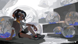  1boy absurdres black_shoes black_shorts bowl brown_hair cobii_illu commentary commission dark-skinned_male dark_skin dated english_commentary english_text grey_eyes highres long_hair male_focus necktie octoling octoling_boy octoling_player_character plant shirt shoes shorts sitting solo splatoon_(series) splatoon_3 striped_clothes striped_necktie tentacle_hair thank_you white_background 