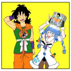  1boy 1girl animal_ears arm_behind_head arms_up black_hair blue_hair box braid breasts brown_pantyhose carrot_hair_ornament chinese_clothes closed_eyes commentary_request detached_sleeves don-chan_(usada_pekora) dragon_ball dragon_ball_(classic) dress eyebrows_hidden_by_hair food-themed_hair_ornament hair_ornament highres holding holding_box hololive lee_(dragon_garou) leotard medium_hair missing_tooth multicolored_hair open_mouth pantyhose parody rabbit_ears rabbit_girl small_breasts smile strapless strapless_dress strapless_leotard style_parody thick_eyebrows toriyama_akira_(style) twin_braids two-tone_hair usada_pekora usada_pekora_(1st_costume) virtual_youtuber white_hair yamcha 