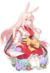  1girl :o air_bubble aki_(sasucchi95) animal_ears armpits artist_name bare_shoulders belt belt_bow blue_flower bow breasts bubble chromatic_aberration commentary commission cropped_legs crossed_bangs detached_sleeves double-parted_bangs english_commentary eyes_visible_through_hair floral_background flower frilled_skirt frills from_below hair_between_eyes hand_up high-waist_skirt highres japanese_clothes kimono knees_together_feet_apart leaf lilianei lips long_hair long_sidelocks long_sleeves looking_at_viewer medium_breasts medium_skirt nail_polish original painttool_sai_(medium) parted_lips pink_hair purple_flower rabbit_ears rabbit_girl red_eyes red_skirt red_trim sideboob sidelocks sideways_glance simple_background skirt sleeveless sleeveless_kimono solo straight_hair tareme thigh-highs very_long_hair white_background white_kimono white_nails white_sleeves white_thighhighs wide_sleeves yellow_belt yellow_bow zettai_ryouiki 
