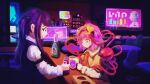  2girls bar bartender black_hairband blue_eyes bottle chair city closed_mouth cup drinking_glass hairband heart highres holding holding_cup indoors jill_stingray komeiji_satori long_hair long_sleeves multiple_girls neon_lights pink_hair purple_hair sakuyanotokusei short_hair signature sitting table touhou va-11_hall-a violet_eyes 