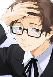  1boy black-framed_eyewear black_ribbon brown_eyes brown_hair closed_mouth commentary_request gekkoukan_high_school_uniform glasses hand_in_own_hair hiraga_keisuke isa_(peien516) looking_at_viewer male_focus neck_ribbon persona persona_3 rectangular_eyewear ribbon school_uniform semi-rimless_eyewear short_hair short_sideburns sideburns simple_background solo under-rim_eyewear wet wet_hair white_background 