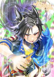  1girl air_shakur_(umamusume) air_shakur_(unsigned)_(umamusume) animal_ears arms_up black_hair black_jacket black_nails black_shorts blush breasts chiffon commentary_request cowboy_shot ear_chain ear_ornament evil_smile eyebrow_piercing eyes_visible_through_hair face_piercing fingernails highres horse_ears horse_girl horse_tail jacket leaning_forward linked_piercing long_hair looking_at_viewer multicolored_hair nail_polish open_clothes open_jacket open_mouth orange_eyes piercing purple_hair sharp_teeth shirt short_shorts short_sleeves shorts slit_pupils small_breasts smile solo tail teeth tomboy two-tone_hair umamusume v-shaped_eyebrows very_long_hair wristband yellow_eyes yellow_shirt 
