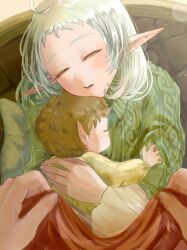  2girls ahoge baby blanket brown_hair elf highres hug indoors lucy_greyrat mar1mo3_zatdraw mother_and_child mother_and_daughter multiple_girls mushoku_tensei on_bed parent_and_child pillow pointy_ears pov rudeus_greyrat short_hair sleeping sylphiette_(mushoku_tensei) white_hair 