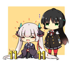  2girls :d ^_^ arms_at_sides black_boots black_hair black_jacket black_ribbon black_robe black_skirt black_thighhighs blunt_bangs blunt_ends blush boots buttons chibi chibi_only closed_eyes commentary_request double-breasted epaulettes expressionless fake_horns full_body green_eyes grey_hair hair_ribbon happy heart heaven_burns_red hime_cut horns jacket jitome lace-up_boots long_hair long_sleeves looking_at_another miniskirt multiple_girls natsume_inori neck_ribbon no_mouth no_shoes ogasahara_hisame open_clothes open_mouth open_robe pantyhose pleated_skirt ponytail purple_ribbon red_pantyhose red_ribbon ribbon robe sekibaracheice sidelocks simple_background sitting skirt smile standing straight_hair thigh-highs twintails two-tone_background very_long_hair white_background wide_sleeves yellow_background 