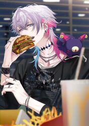  1boy absurdres alternate_costume bell black_choker black_shirt blue_eyes blue_hair bracelet burger chain chain_bracelet chain_necklace choker commentary creature creature_on_shoulder cup diamond_choker disposable_cup drink drinking_straw ear_piercing eating food french_fries gavis_bettel heterochromia highres holding holding_burger holding_food holostars holostars_english indoors jewelry jingle_bell long_sleeves male_focus multicolored_hair multiple_rings naizou_bug necklace on_shoulder one-eyed phantom_(gavis_bettel) piercing pink_eyes pink_hair ring shirt silver_bracelet straw_wrapper untranslatable_commentary upper_body virtual_youtuber white_hair window 