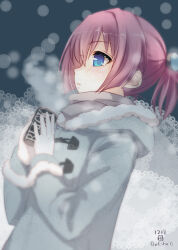  1girl alternate_costume blue_eyes blush can canned_coffee closed_mouth coat coffee dated drink_can from_side fur-trimmed_coat fur_trim gloves grey_coat grey_scarf hair_between_eyes holding holding_can kantai_collection long_sleeves pink_hair ponytail profile scarf shiranui_(kancolle) simple_background solo steam upper_body weshika white_gloves 