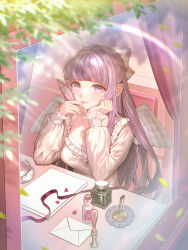  1girl absurdres angel_wings bottle bow commission cross cross_necklace cup feathered_wings frilled_nightgown frilled_sleeves frills hair_bow highres holding holding_quill indie_virtual_youtuber inkwell jewelry letter long_hair long_sleeves looking_at_viewer necklace nightgown paper purple_hair quill sitting skeb_commission smile solo suzuri_suzuna teacup violet_eyes virtual_youtuber white_bow white_nightgown white_wings white_wrist_cuffs window wings wrist_cuffs yumeha_hime 