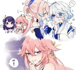  4girls blue_hair blunt_bangs blush bow-shaped_hair braid bridal_gauntlets colored_tips commentary_request drop-shaped_pupils engulfing_lightning_(genshin_impact) eyelash_ornament fan_hair_ornament furina_(genshin_impact) genshin_impact gloves gradient_hair hair_between_eyes japanese_clothes kimono long_braid long_hair low-braided_long_hair low-tied_long_hair mitsudomoe_(shape) mole mole_under_eye multicolored_hair multiple_girls musou_isshin_(genshin_impact) nagatekkou obiage obijime pink_hair purple_hair purple_kimono purple_nails raiden_shogun sangonomiya_kokomi shinoo0915 streaked_hair suikyou394 symbol-shaped_pupils tomoe_(symbol) violet_eyes wide_sleeves yae_miko 