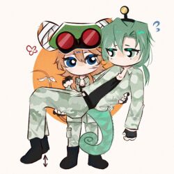  2boys animal_ears atarinke5 bandaged_ear bandaged_tail beret black_boots blue_eyes blush boots brown_hair camouflage camouflage_jacket camouflage_pants chameleon_boy chameleon_tail fingerless_gloves gloves goggles goggles_on_headwear green_eyes green_hair hair_between_eyes happy_tree_friends hat humanization jacket mole mole_under_each_eye mole_under_eye mouse_boy mouse_ears mouse_ka-boom_(happy_tree_friends) mouse_tail multiple_boys multiple_moles pants red-tinted_eyewear reverse_princess_carry scar scar_on_face sneaky_(happy_tree_friends) tail tinted_eyewear 