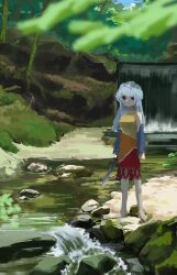  1girl absurdres arms_at_sides cleaver closed_mouth dauchimk_1 detached_sleeves dress expressionless full_body grey_hair grey_sleeves highres holding holding_cleaver long_hair long_sleeves looking_ahead looking_at_viewer moss multicolored_dress orange_dress outdoors red_dress red_eyes river rock sakata_nemuno solo standing straight-on touhou tree water waterfall yellow_dress 