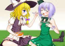  2girls adapted_costume asamura_hiori ascot blonde_hair blue_eyes blush bow braid breasts closed_eyes detached_collar dress feeding flying_sweatdrops food grabbing_own_breast green_dress grey_hair hair_ribbon hat kirisame_marisa konpaku_youmu multiple_girls open_mouth revision ribbon seiza short_hair sitting skirt spoon sweatdrop touhou witch_hat wrist_cuffs 