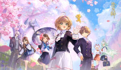  3boys 4girls :o absurdres animal_charm antenna_hair arm_up ascot backpack bag bag_charm baofandxy bare_legs bell belt belt_buckle black_bag black_belt black_eyes black_jacket black_pants black_sailor_collar black_skirt blazer blue_neckerchief blue_skirt bow bowtie brown_eyes brown_hair brown_pants buckle bush buttons cardcaptor_sakura character_request charm_(object) checkered_bow checkered_bowtie checkered_clothes cherry_blossoms chinese_commentary clouds collared_jacket collared_shirt commentary_request copyright_logo crossover day double-breasted double_bun expressionless falling_petals feathered_wings fence ferret fish fish_hair_ornament floating_hair flower flower_knot gold_buttons goldfish green_eyes green_hair green_horns green_wings grey_hair grey_vest hair_bell hair_between_eyes hair_bun hair_intakes hair_ornament hair_ribbon hairclip hand_in_pocket hand_on_own_hip happy head_wings high_ponytail highres holding holding_bag holding_umbrella horns in_tree jacket kero_(cardcaptor_sakura) kinomoto_sakura lapel_pin lapels layered_sleeves li_syaoran light_frown light_particles logo long_hair long_sidelocks long_sleeves looking_ahead looking_at_another messy_hair midriff_peek miniskirt multiple_boys multiple_girls multiple_wings neck_bell neck_tassel neckerchief notched_lapels official_art oil-paper_umbrella onmyoji open_clothes open_jacket open_mouth outdoors pants parted_bangs petals pink_flower plaid_clothes plaid_skirt pleated_skirt ponytail puffy_long_sleeves puffy_sleeves purple_umbrella red_bow red_bowtie red_eyes red_ribbon red_skirt ribbon rope sailor_collar school_bag school_uniform serafuku shimenawa shirt short_hair short_hair_with_long_locks sidelocks sitting skirt sleeve_cuffs sleeves_past_wrists smile spring_(season) star_(symbol) suit_pants sweater_vest tassel tomoeda_elementary_school_uniform tree two-tone_bow two-tone_bowtie umbrella umbrella_over_shoulder v-neck very_long_hair very_long_sidelocks vest walking waving white_ascot white_hair white_shirt white_skirt wind winged_animal wings yellow_bow yellow_bowtie yellow_eyes 