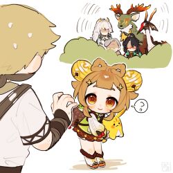  1boy 4girls ? aqua_hair backpack_basket bandana bandana_over_mouth bell bird black_hair blonde_hair blonde_streaks bloomers blunt_bangs blush boots bow bow-shaped_hair braid brown_bandana brown_dress brown_eyes brown_hair bush chinese_clothes chinese_hairpin closed_mouth commentary_request crane_(animal) deer double-parted_bangs dress facing_away fur-trimmed_boots fur_trim genshin_impact glasses gradient_sleeves green_jacket grey_hair hair_bell hair_ornament hair_stick hiding high_ponytail highres holding holding_stuffed_toy jacket jingle_bell long_hair long_sleeves looking_at_another madame_ping_(genshin_impact) medium_hair moon_carver_(genshin_impact) mountain_shaper_(genshin_impact) multicolored_hair multiple_girls nervous_sweating old old_woman oooma_155 ponytail puffy_long_sleeves puffy_sleeves red-framed_eyewear red_bow semi-rimless_eyewear shirt short_eyebrows short_hair short_sleeves sidelocks simple_background single_hair_streak smile speech_bubble spoken_question_mark standing streaked_hair stuffed_animal stuffed_rabbit stuffed_toy sweat treasure_hoarder_(genshin_impact) under-rim_eyewear white_background white_boots white_hair white_shirt xianyun_(genshin_impact) yaoyao_(genshin_impact) yuegui_(genshin_impact) zibai_(genshin_impact) 