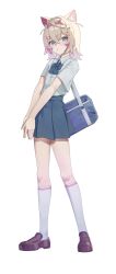  absurdres animal_ears bag blue_bow blue_bowtie blue_eyes bow bowtie commentary hair_ornament hairpin highres hololive hololive_english loafers mococo_abyssgard pleated_skirt school_bag school_uniform shoes short_sleeves skirt sooby600211 