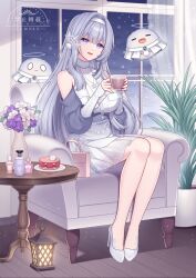  1girl :d bare_shoulders commentary_request copyright_request cup curtains flower grey_hair grey_shoes grey_skirt grey_sleeves hair_intakes hairband halo high_heels hitsuki_rei holding holding_cup indoors lantern layered_sleeves long_hair long_sleeves looking_at_viewer plant pleated_skirt potted_plant puffy_long_sleeves puffy_sleeves purple_flower ribbed_sweater sample_watermark see-through_clothes shoes skirt sleeveless sleeveless_sweater sleeveless_turtleneck smile solo sweater table transparent turtleneck turtleneck_sweater vase very_long_hair violet_eyes virtual_youtuber watermark white_flower white_hairband white_sweater window 