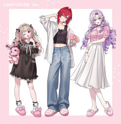  3girls animal_slippers arm_at_side black_bow black_choker black_dress black_shirt blue_eyes blue_pants border bow brown_hair character_request choker collared_dress collared_shirt commentary_request copyright_notice copyright_request crop_top cropped_shirt crossed_bangs cup curtained_hair denim double-parted_bangs dress dress_bow drill_hair earrings fang footwear_bow frilled_shirt frills gloves grin hair_bow hair_ears hair_intakes hand_up holding holding_cup holding_stuffed_toy jeans jewelry leg_tattoo long_hair long_sleeves looking_at_viewer midriff moya_(toatomoot) mug multiple_girls navel official_art one_eye_closed open_clothes open_mouth open_shirt outside_border pants pink_border pink_shirt pink_slippers purple_hair red_eyes red_hair sample_watermark shirt short_dress short_sleeves side_ponytail simple_background single_off_shoulder skirt sleeveless sleeveless_shirt slippers smile socks standing stuffed_animal stuffed_rabbit stuffed_toy tattoo three-quarter_sleeves watch watch watermark white_background white_bow white_gloves white_shirt white_skirt white_socks 