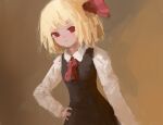  1girl ascot bangs black_vest blonde_hair brown_background collared_shirt hair_ribbon hand_on_hip highres long_sleeves red_ascot red_eyes red_ribbon reddizen ribbon rumia shirt short_hair simple_background solo touhou vest white_shirt 