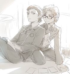  2boys book camera closed_mouth commentary_request gekkoukan_high_school_uniform glasses hair_slicked_back hiraga_keisuke holding holding_paper isa_(peien516) leaning_on_person looking_at_another male_focus multiple_boys neck_ribbon odagiri_hidetoshi open_book paper persona persona_3 rectangular_eyewear ribbon school_uniform semi-rimless_eyewear short_hair sitting smile solo under-rim_eyewear 