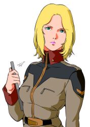  1girl belt beltorchika_irma blonde_hair blue_eyes breasts closed_mouth commentary_request gundam highres holding jacket long_sleeves looking_at_viewer medium_hair military military_uniform pgmajimaji simple_background solo upper_body zeta_gundam 