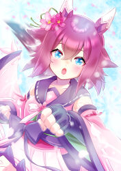  1girl animal_ears blue_eyes blush breasts chiffon commentary_request detached_sleeves ear_covers fingerless_gloves flower gloves hair_between_eyes hair_flaps hair_flower hair_ornament highres horse_ears horse_girl horse_tail japanese_clothes kimono looking_at_viewer medium_breasts medium_hair open_mouth petals pink_hair pink_kimono pink_sleeves sakura_chiyono_o_(strength_in_full_bloom)_(umamusume) sakura_chiyono_o_(umamusume) skirt sleeveless sleeveless_kimono solo tail umamusume white_skirt 